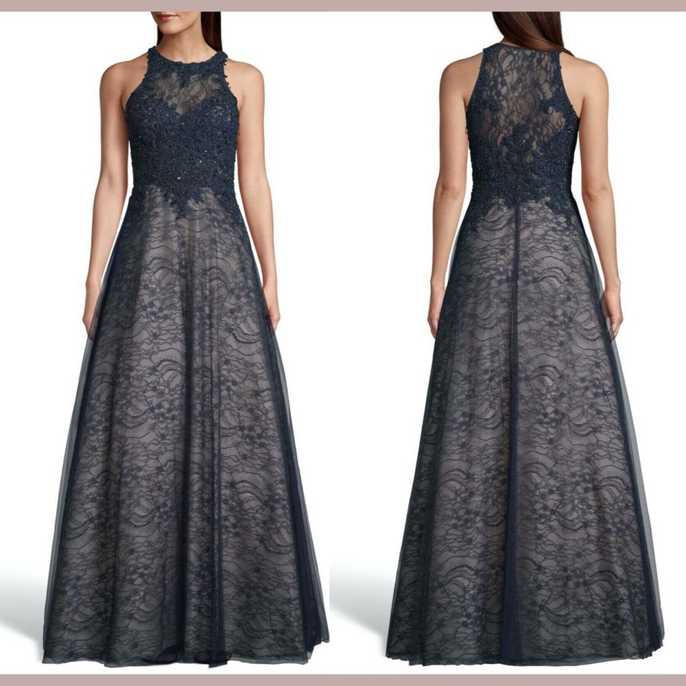 Nwt $288 Xscape Sparkling Lace Evening Dress In Navy/Nude [Sz 6 ]